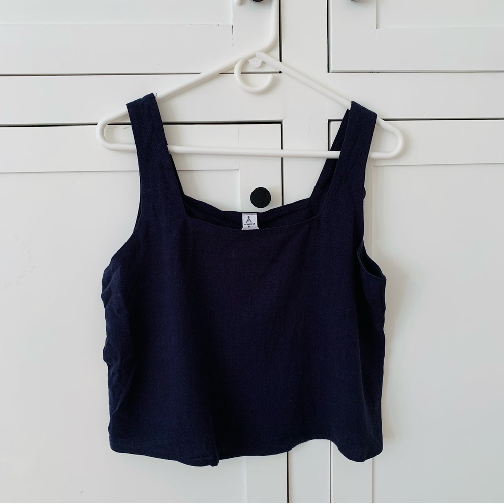 Anrabess Navy Blue Linen Square Crop Top Size Medium